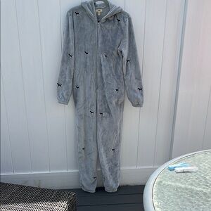 Gray Hooded Onesie with Black Dog Pattern from pink